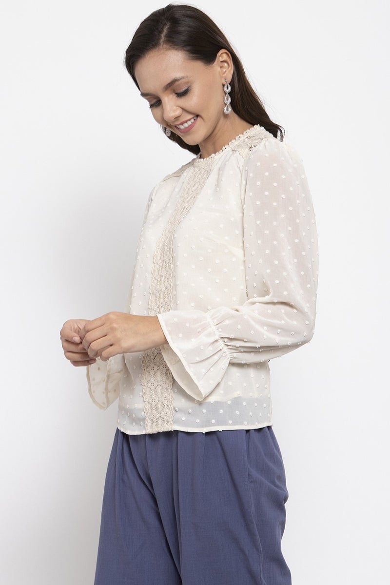Gipsy Women Round Neck Long Sleeves Solid Beige Color Tops