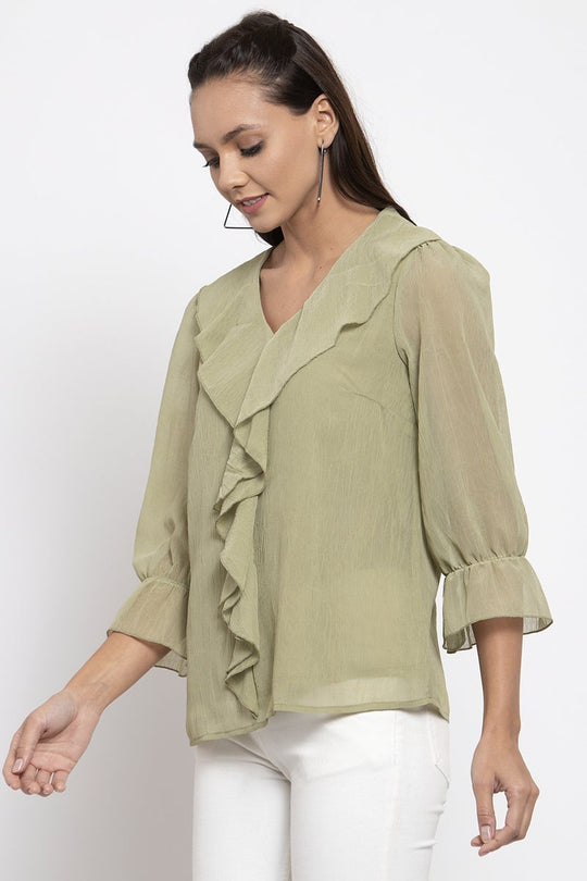 Gipsy Women V-Neck Three-Quarter Sleeves Solid Olive Color Tops