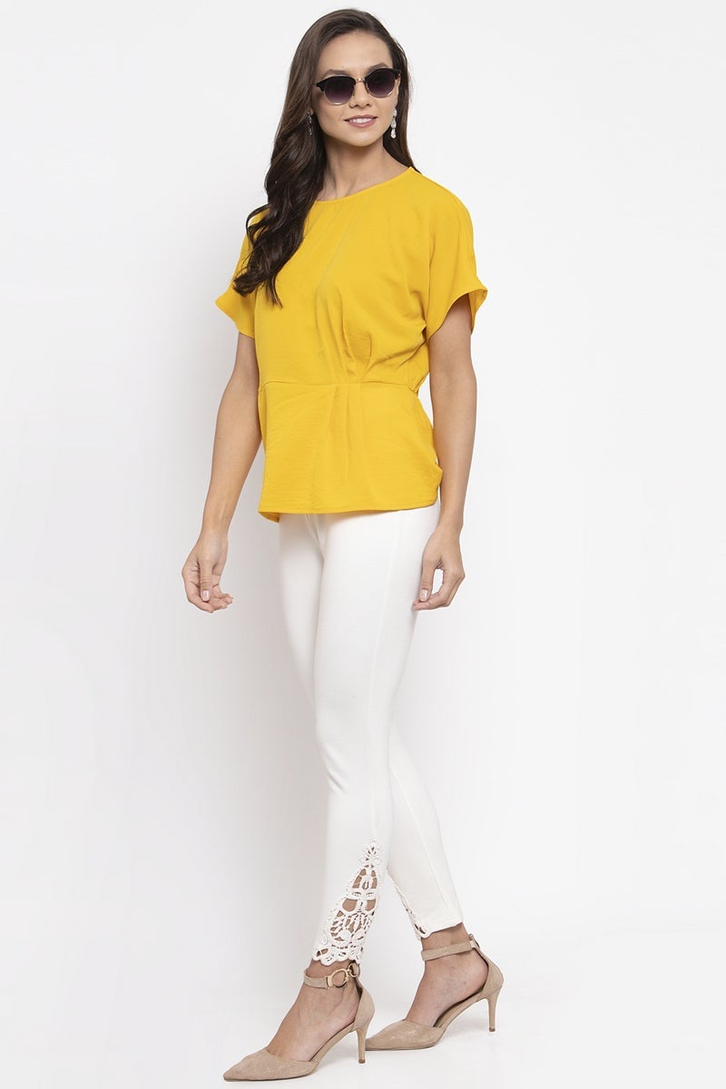 Gipsy Women Round Neck Short Sleeves Solid Yellow Color Tops