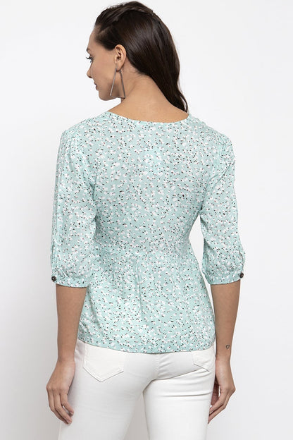 Gipsy Women V-Neck Three-Quarter Sleeves Self Design Sage Color Tops