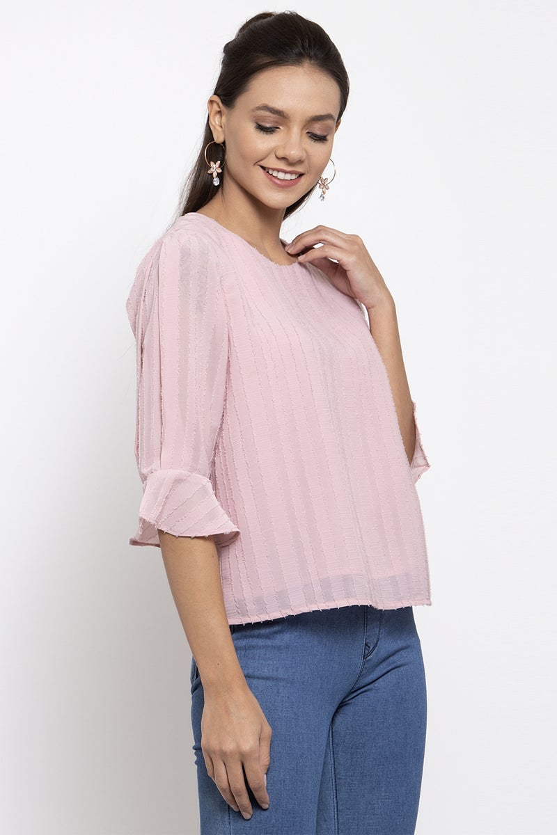 Gipsy Women Round Neck Three-Quarter Sleeves Solid Pink Color Tops