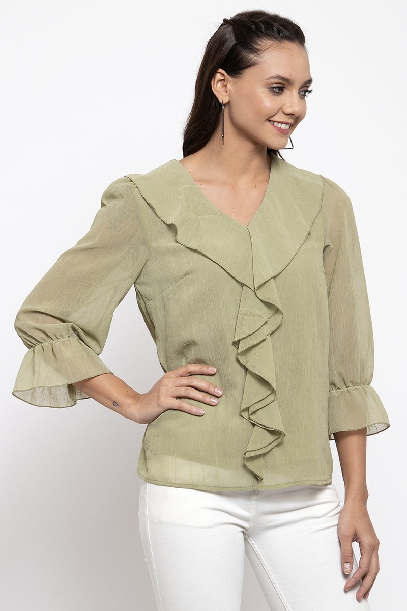 Gipsy Women V-Neck Three-Quarter Sleeves Solid Olive Color Tops