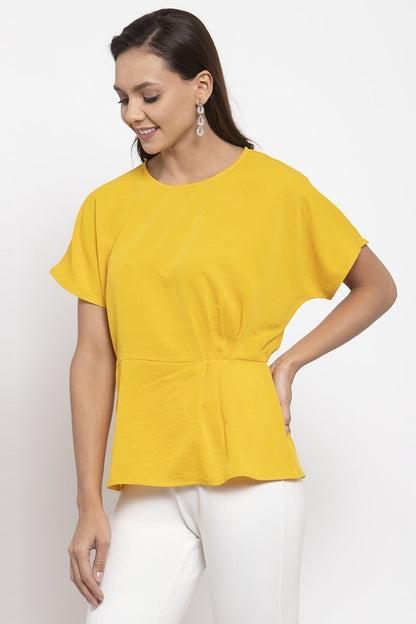 Gipsy Women Round Neck Short Sleeves Solid Yellow Color Tops