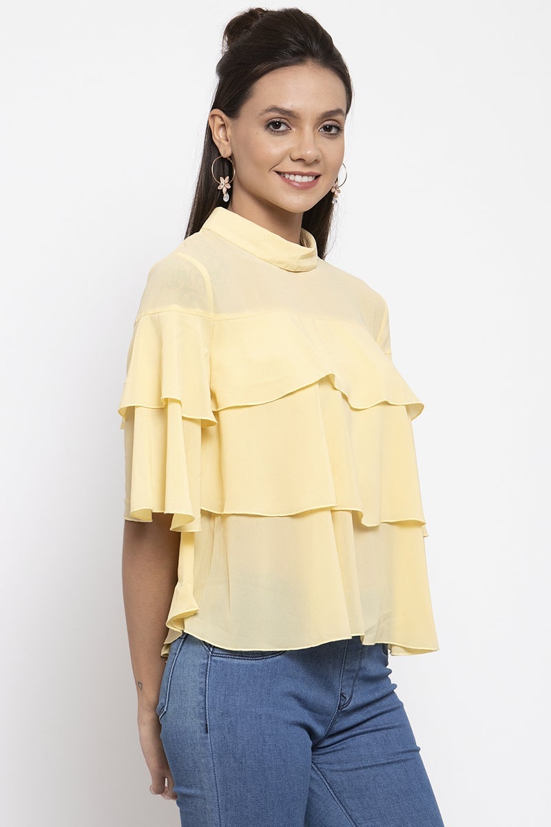 Gipsy Women Choker Neck Short Sleeves Solid Yellow Color Tops