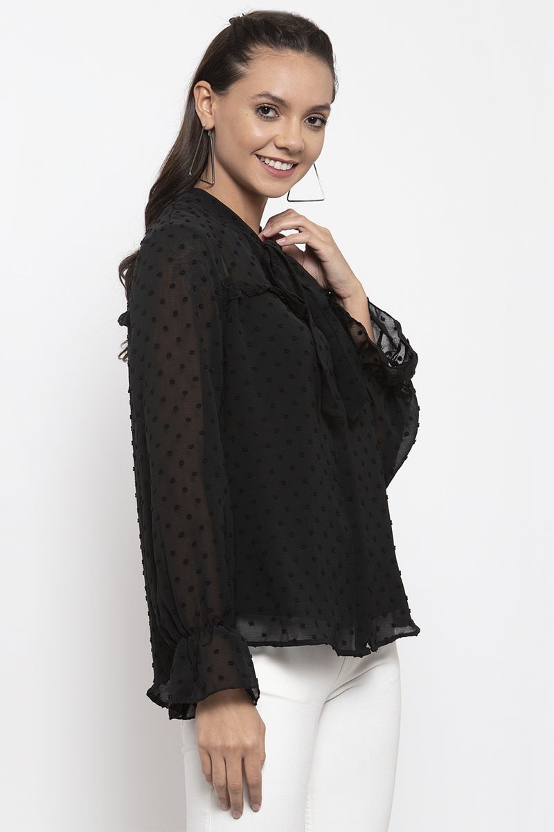Gipsy Women Tie-Up Neck Long Sleeves Solid Black Color Tops
