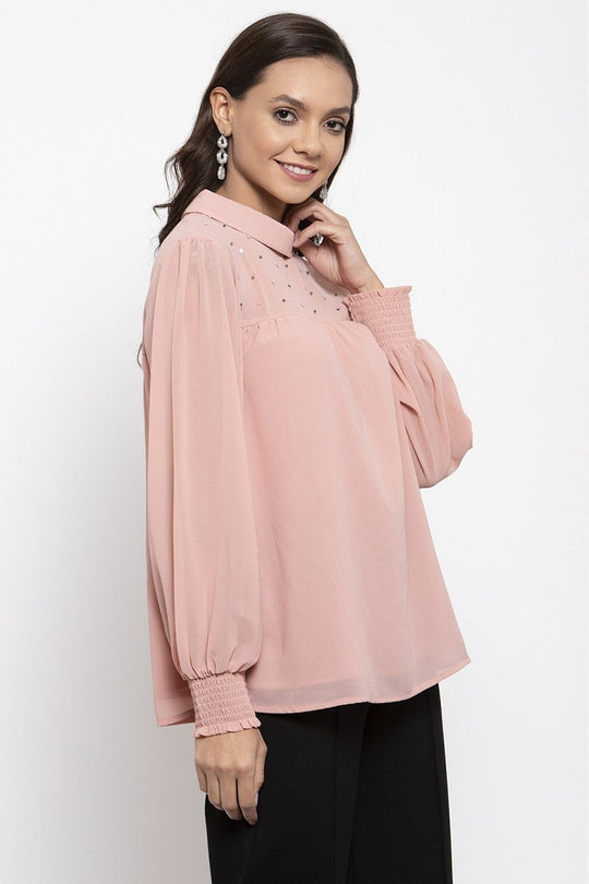 Gipsy Women Choker Neck Long Sleeves Self Design Pink Color Tops