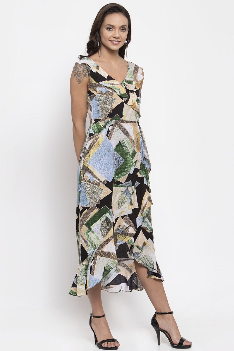 Gipsy Women Green Prnit V-Neck Dress