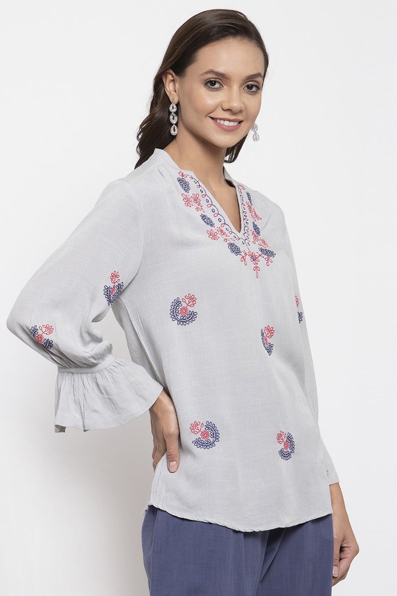 Gipsy Women Polyester V-Neck Light Grey Tunic