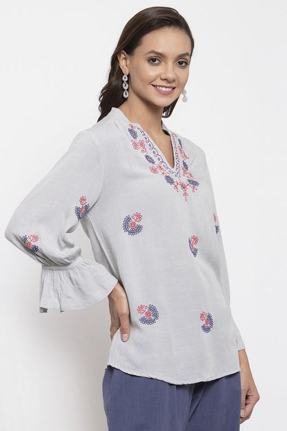 Gipsy Women Polyester V-Neck Light Grey Tunic