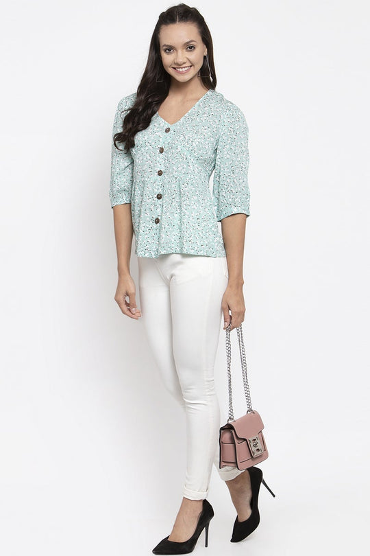 Gipsy Women V-Neck Three-Quarter Sleeves Self Design Sage Color Tops