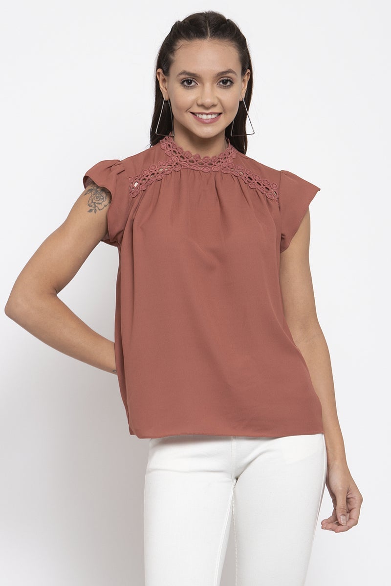 Gipsy Women Choker Neck No Sleeves Solid Brick Color Tops