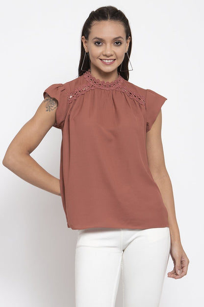 Gipsy Women Choker Neck No Sleeves Solid Brick Color Tops