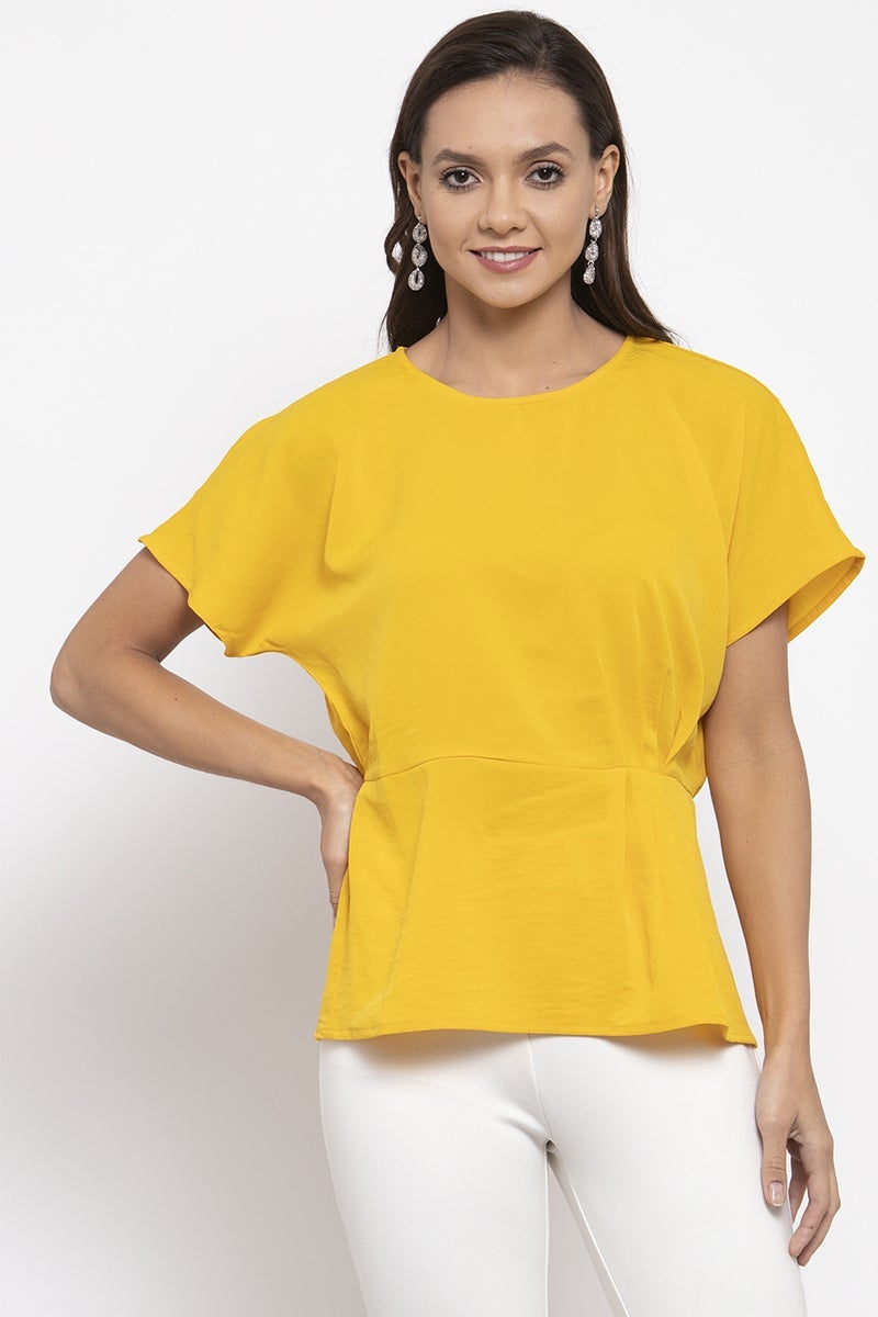 Gipsy Women Round Neck Short Sleeves Solid Yellow Color Tops