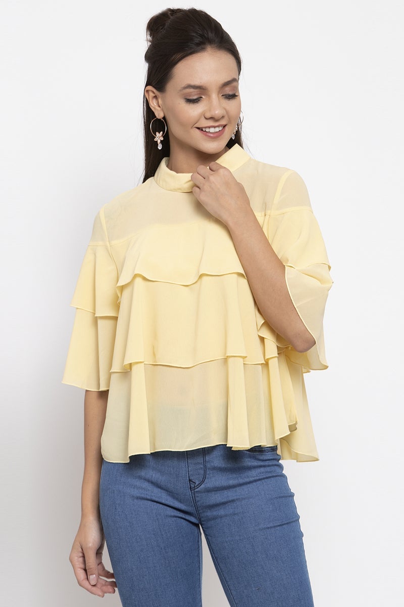 Gipsy Women Choker Neck Short Sleeves Solid Yellow Color Tops