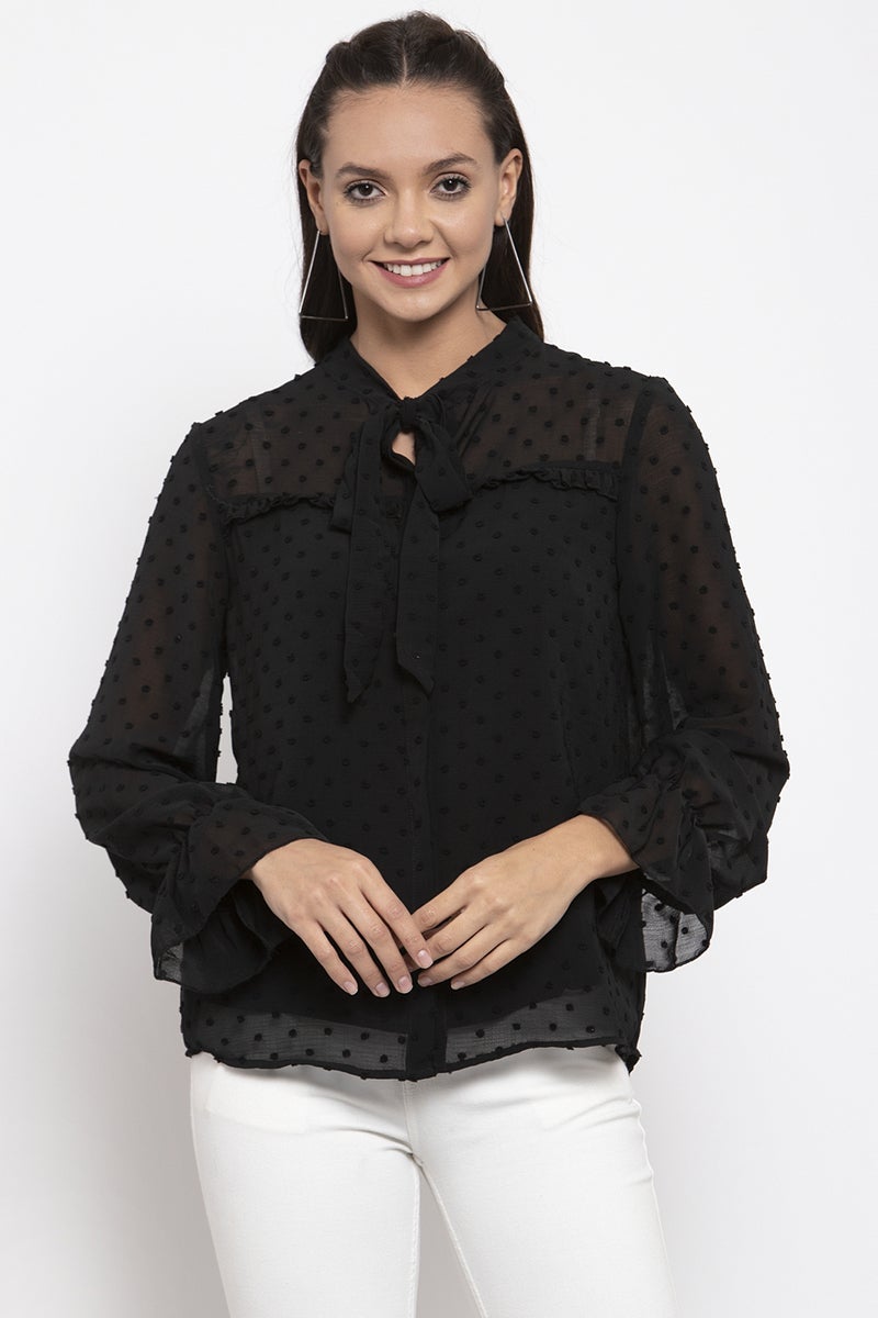 Gipsy Women Tie-Up Neck Long Sleeves Solid Black Color Tops