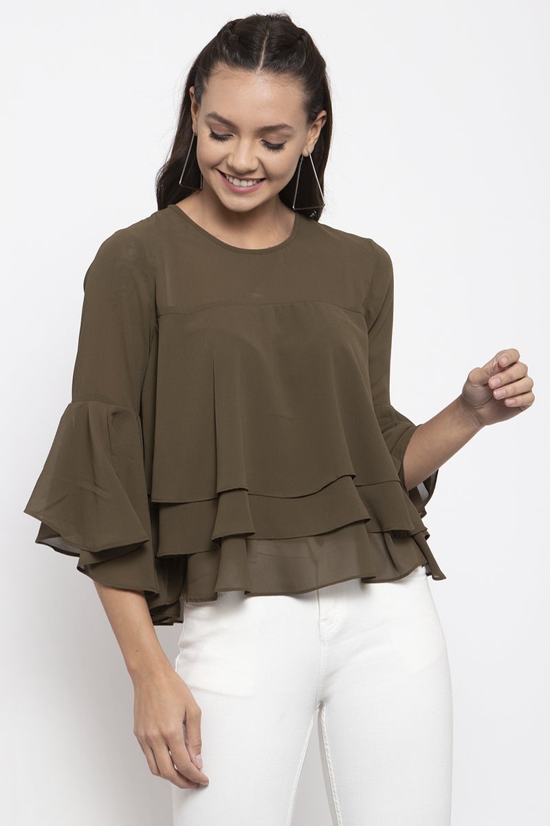 Gipsy Women Round Neck Short Sleeves Solid Olive Color Tops