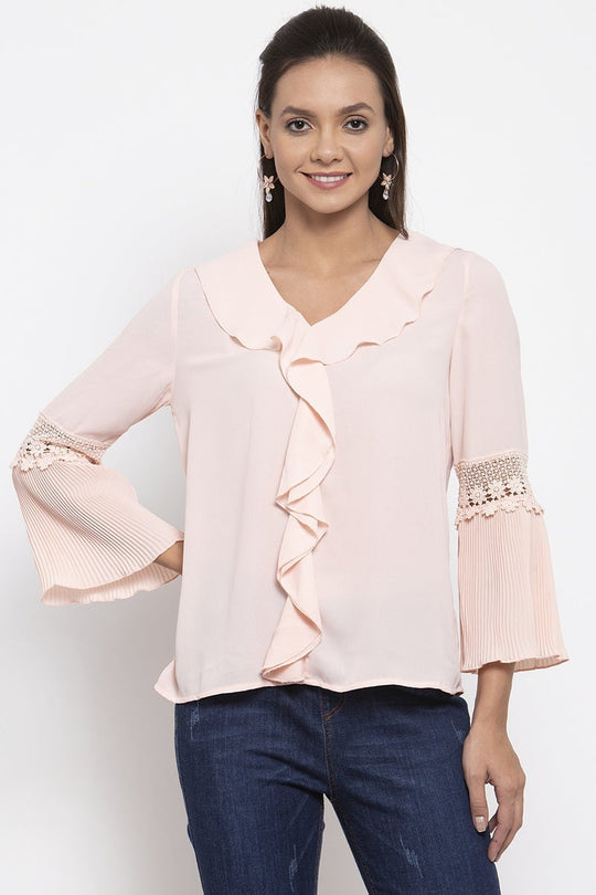 Gipsy Women V-Neck Long Sleeves Solid Blush Pink Color Tops