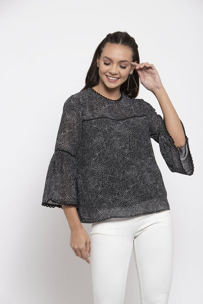 Gipsy Women Round Neck Three-Quarter Sleeves Self Design Black Print Color Tops
