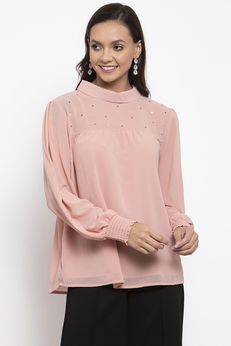 Gipsy Women Choker Neck Long Sleeves Self Design Pink Color Tops