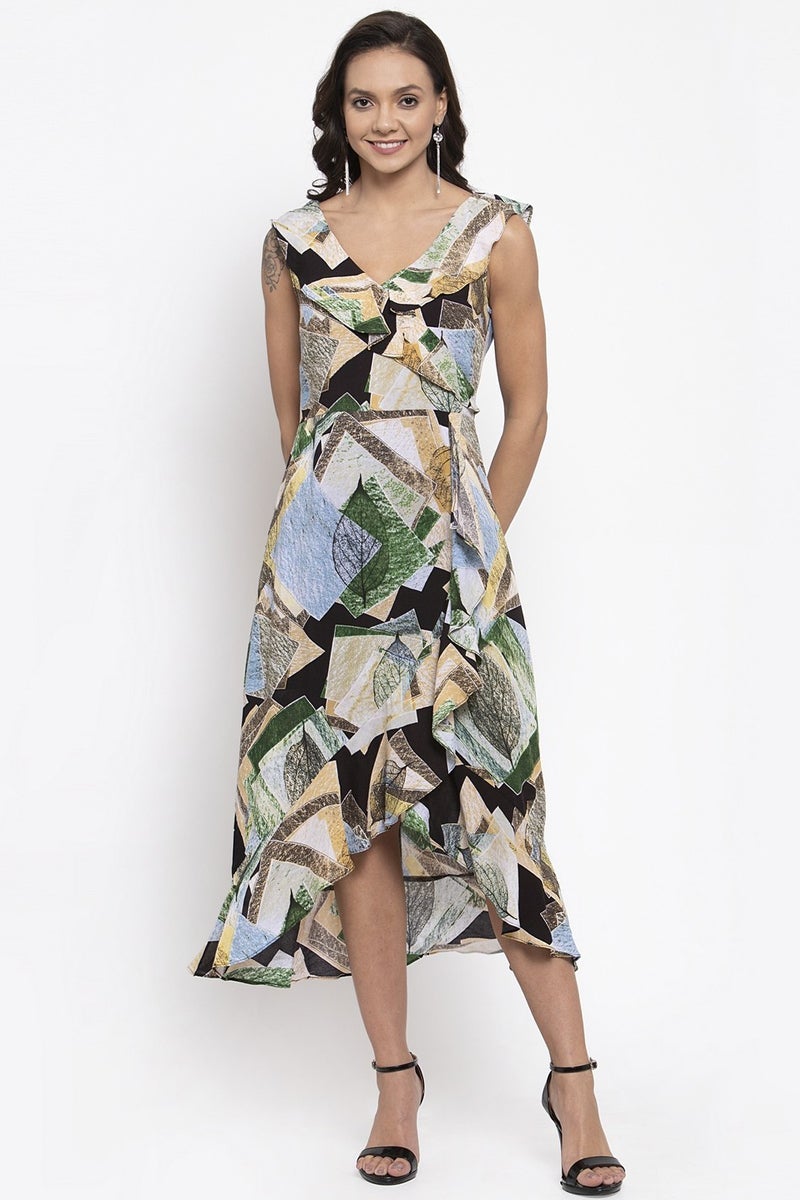 Gipsy Women Green Prnit V-Neck Dress