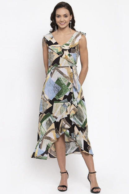 Gipsy Women Green Prnit V-Neck Dress