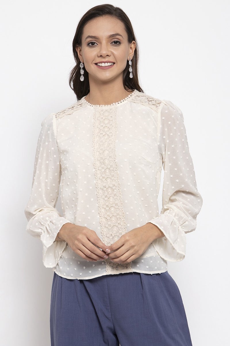 Gipsy Women Round Neck Long Sleeves Solid Beige Color Tops
