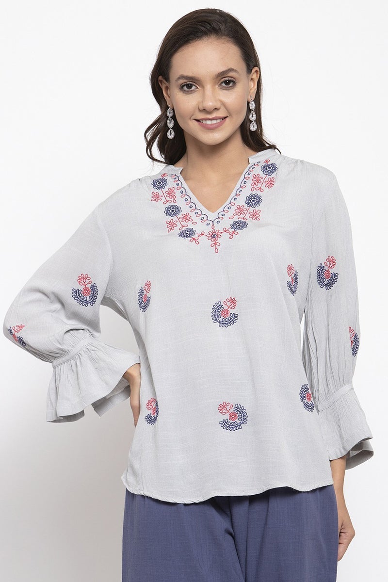 Gipsy Women Polyester V-Neck Light Grey Tunic