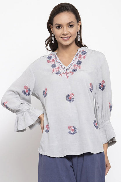 Gipsy Women Polyester V-Neck Light Grey Tunic