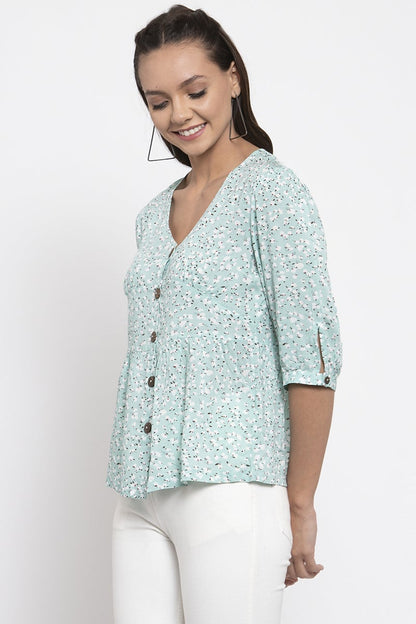 Gipsy Women V-Neck Three-Quarter Sleeves Self Design Sage Color Tops