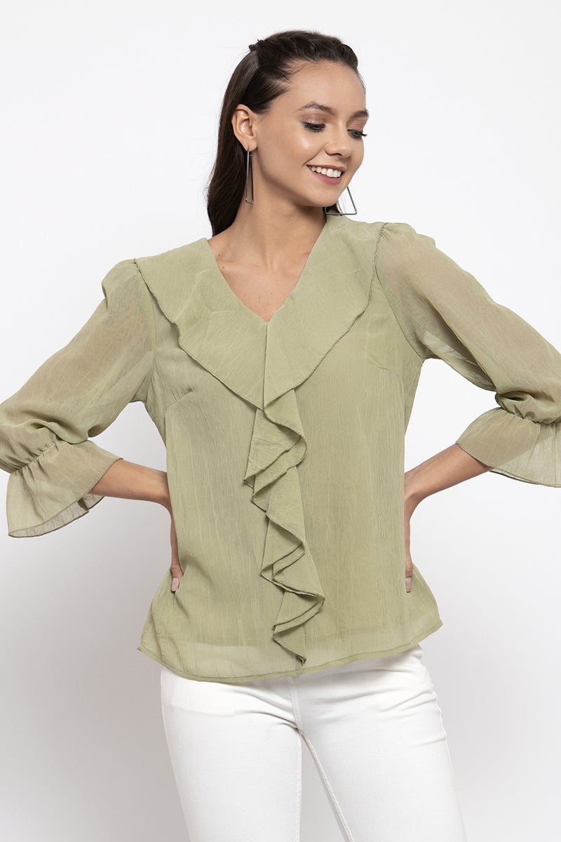 Gipsy Women V-Neck Three-Quarter Sleeves Solid Olive Color Tops