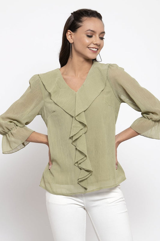 Gipsy Women V-Neck Three-Quarter Sleeves Solid Olive Color Tops