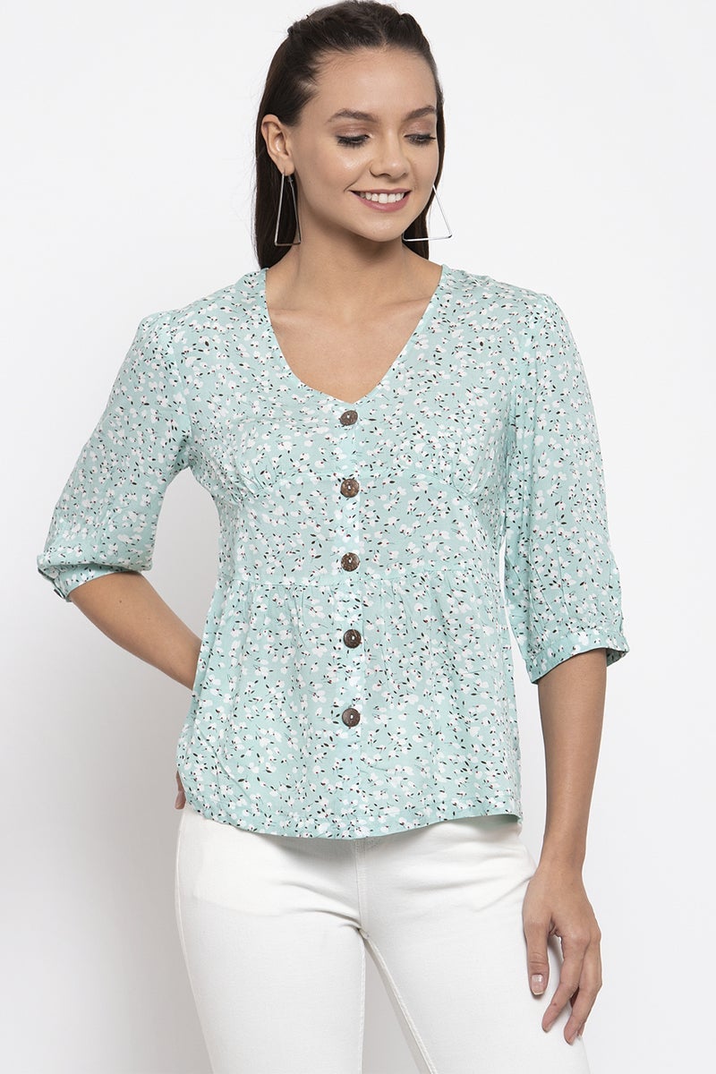 Gipsy Women V-Neck Three-Quarter Sleeves Self Design Sage Color Tops