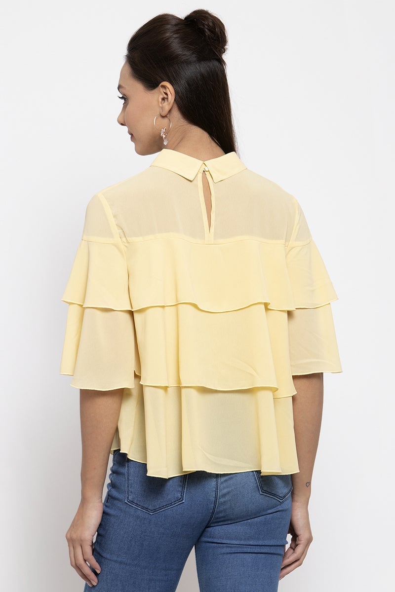 Gipsy Women Choker Neck Short Sleeves Solid Yellow Color Tops