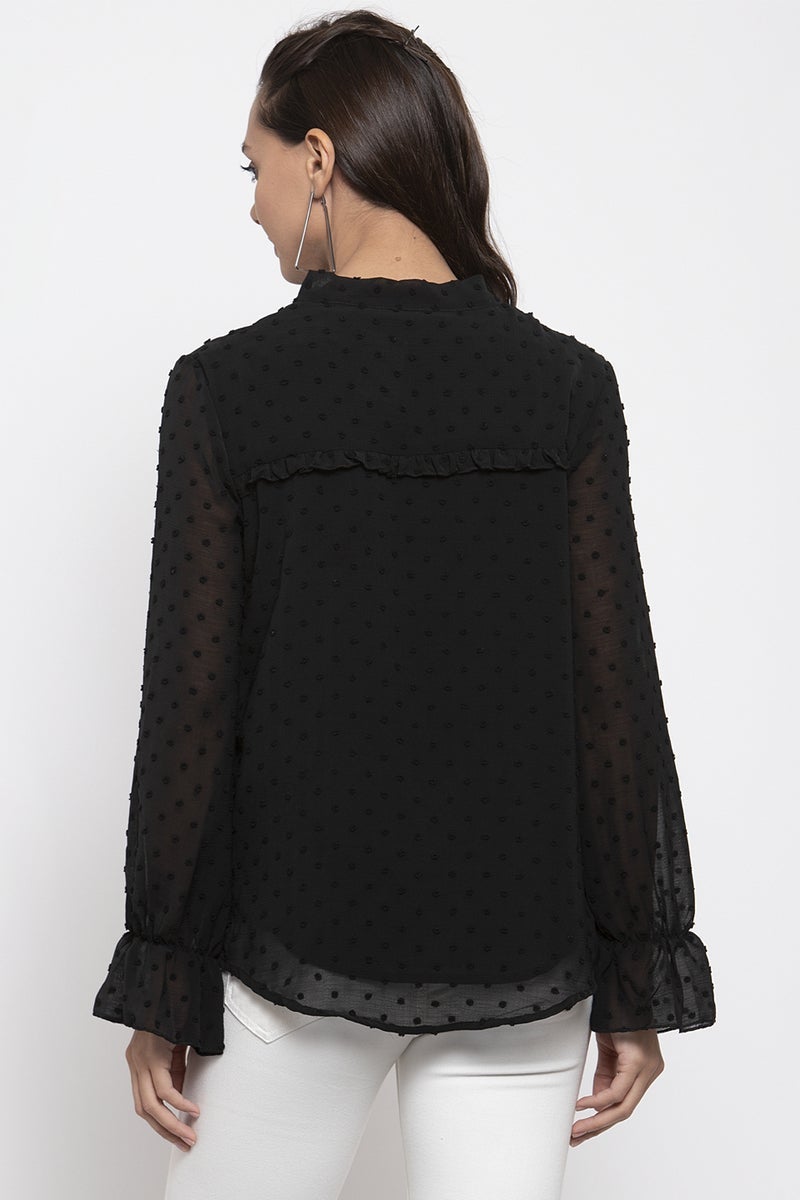 Gipsy Women Tie-Up Neck Long Sleeves Solid Black Color Tops