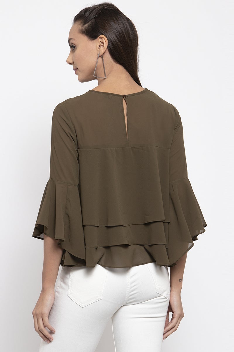 Gipsy Women Round Neck Short Sleeves Solid Olive Color Tops