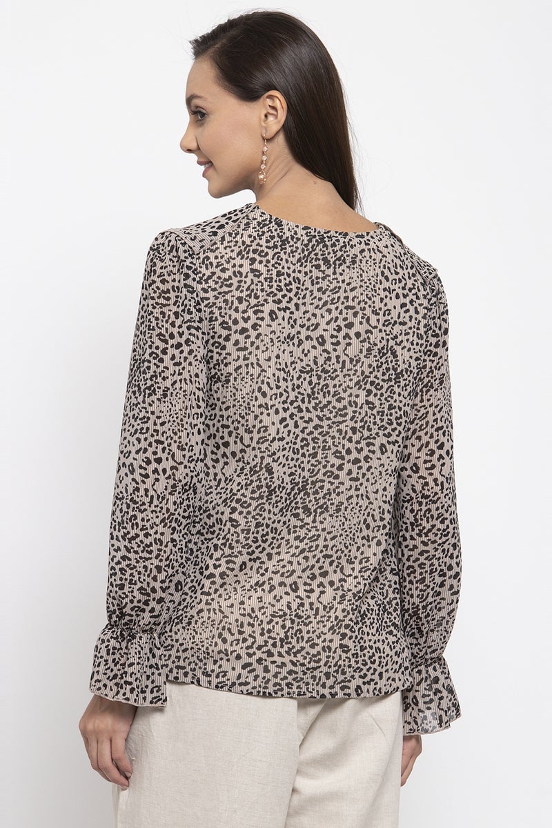 Gipsy Women V-Neck Long Sleeves Self Design Beige Color Tops