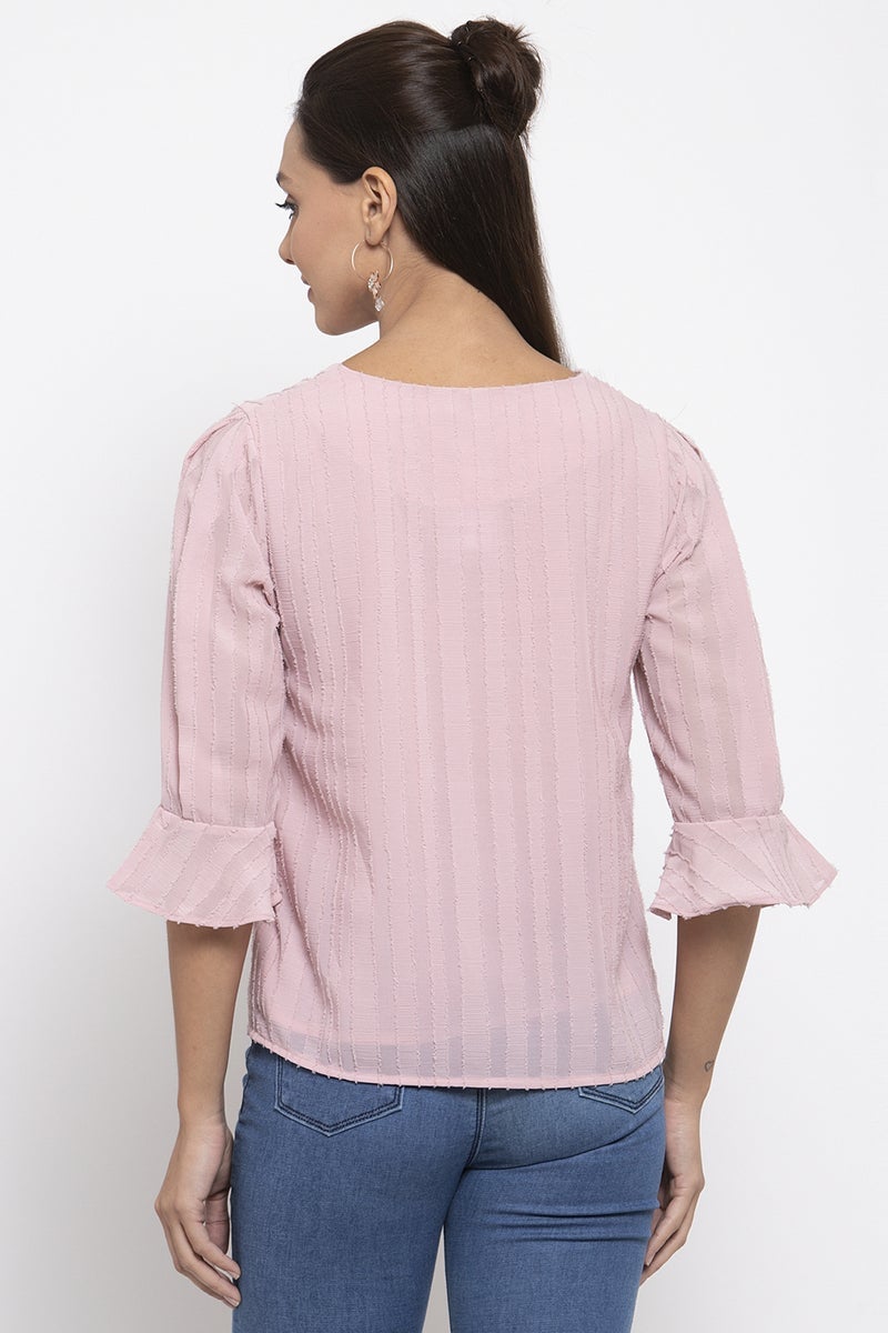 Gipsy Women Round Neck Three-Quarter Sleeves Solid Pink Color Tops