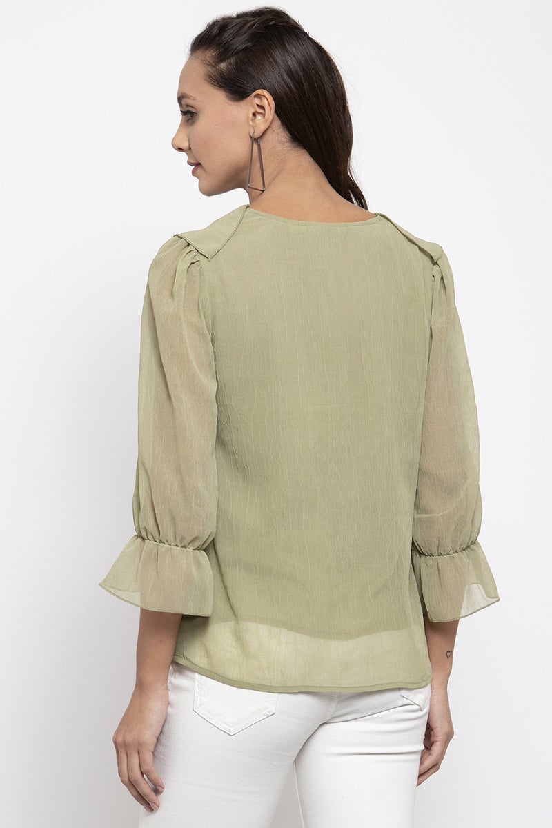 Gipsy Women V-Neck Three-Quarter Sleeves Solid Olive Color Tops