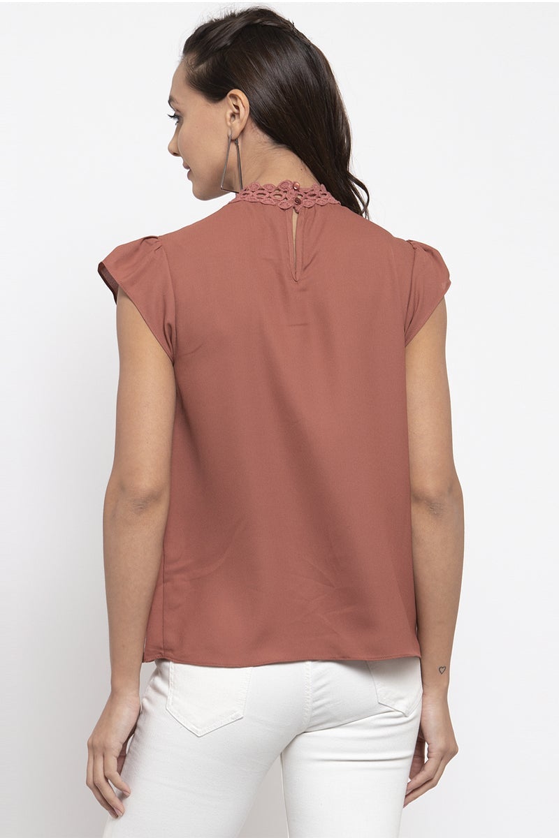 Gipsy Women Choker Neck No Sleeves Solid Brick Color Tops