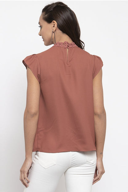 Gipsy Women Choker Neck No Sleeves Solid Brick Color Tops