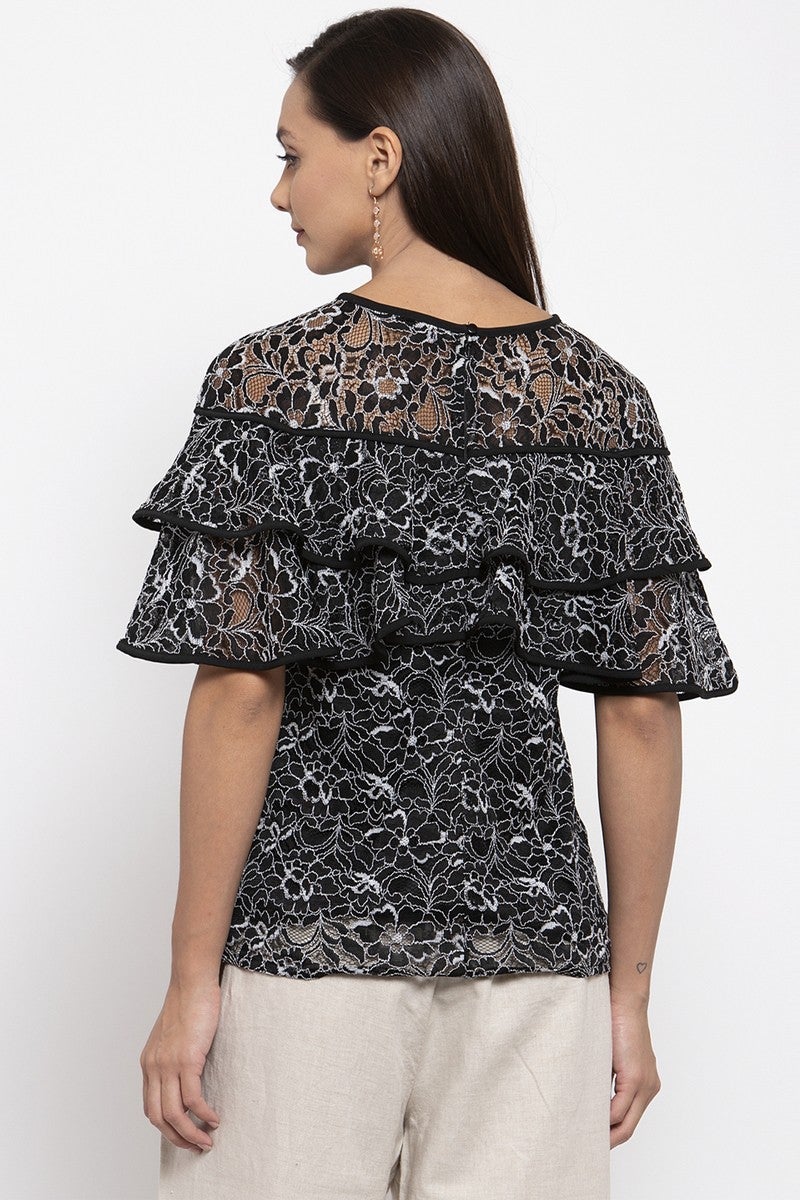 Gipsy Women Round Neck No Sleeves Self Design Black-White Color Tops