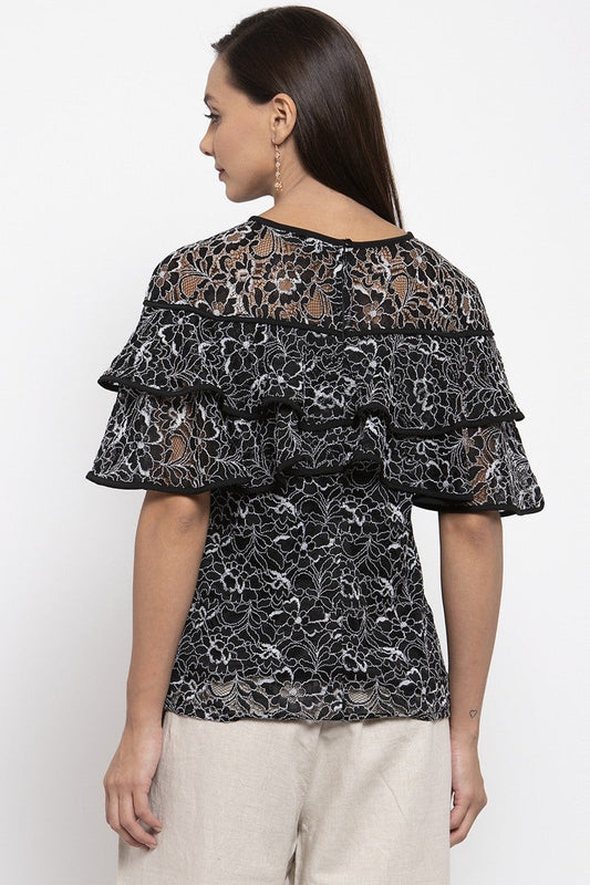 Gipsy Women Round Neck No Sleeves Self Design Black-White Color Tops