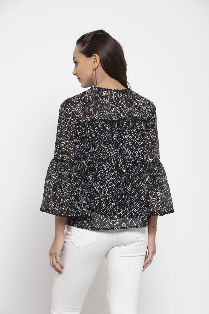 Gipsy Women Round Neck Three-Quarter Sleeves Self Design Black Print Color Tops